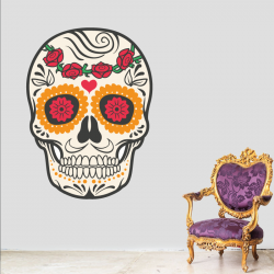 Sticker Mural Tête De Mort Mexicaine Fleur Rose - 1