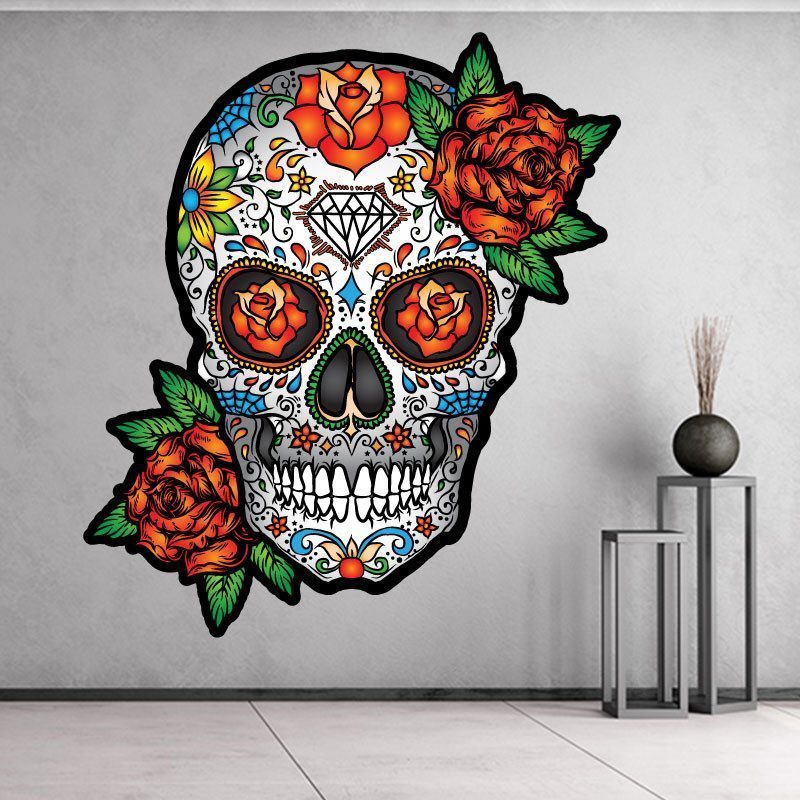 Autocollant Mural en vinyle, Design v2, Rose, sucre, crâne, femme