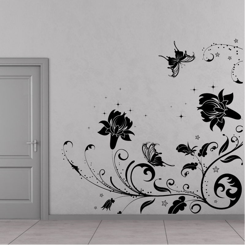 Ensemble d'ornements de tatouage muraux auto-adhésifs noirs pour la  décoration murale, fleurs fleurs vrille